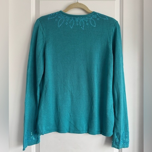 Susan Bristol V-Neck Sweater Split Neck Sequin Knit Turquoise Resort Top Medium - Picture 4 of 9